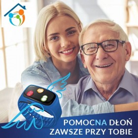 Obrazek przedstawia starszego mężczyznę w okularach i stojącą obok niego dziewczynę. Na obrazku widoczna jest bransoletka teleopieki wyglądem przypominająca zegarek z trzema przyciskami. W lewym górnym roku obrazka widoczne jest logo Gminnego Ośrodka Pomocy Społecznej w Kętach. Na dole obrazka widnieje napis: Pomocna dłoń zawsze przy Tobie