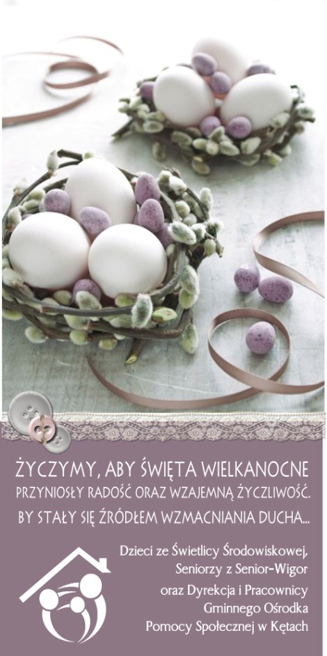Grafika przedstawia życzenia z okazji świąt wielkanocnych wraz z graficznym motywem świątecznym