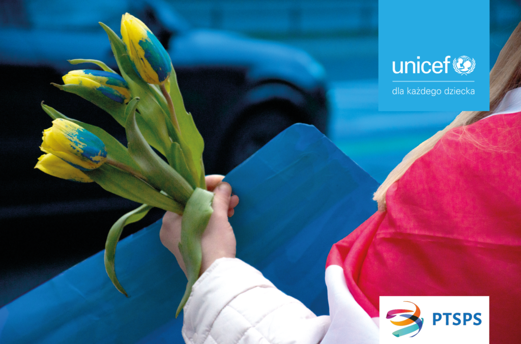 grafika przedstawia osobę trzymająca w ręce tulipany oraz logo unicef oraz logo ptsps grafika przedstawia osobę trzymająca w ręce tulipany oraz logo unicef oraz logo ptsps